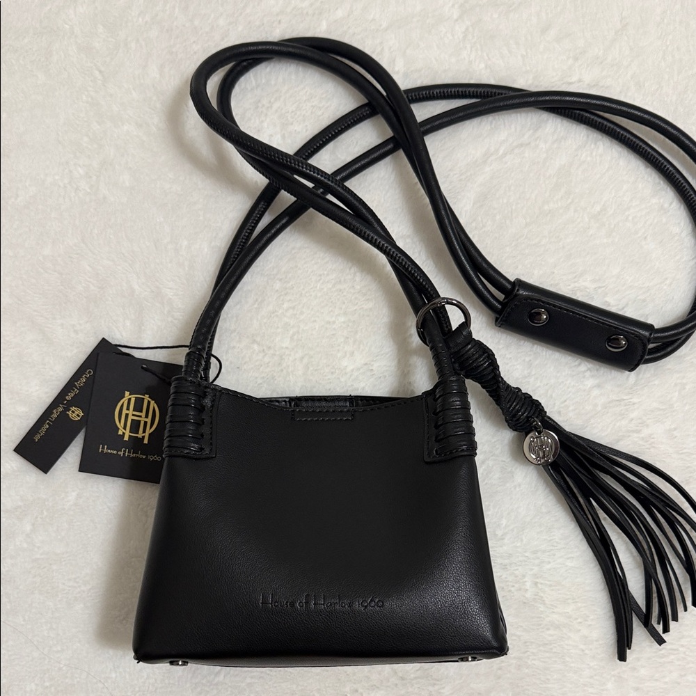 House of Harlow 1960 Black Leather Mini Crossbody with Tassel